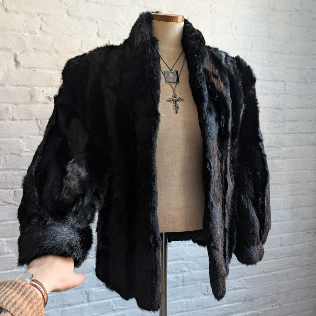 Vintage Jet Black Genuine Rabbit Fur Coat Minimalist Furry Fuzzy Bomber Jacket