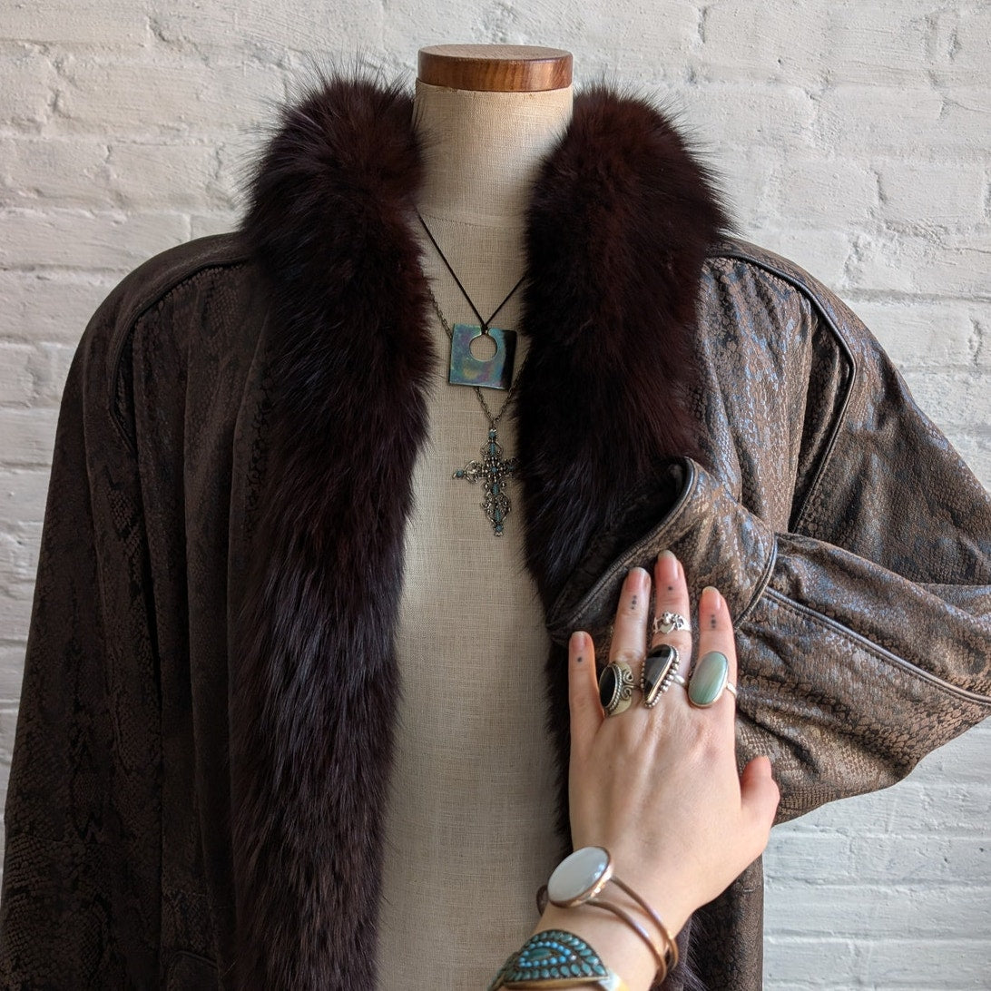 Vintage Black Leather Snakeskin Trench Coat Minimalist Penny Lane Fox Fur Jacket