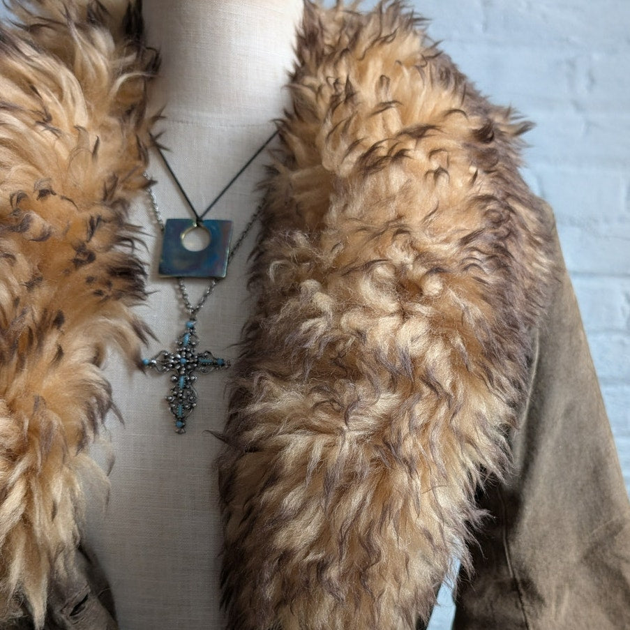 Vintage Brown Suede Penny Lane Jacket Fur Furry Leather Groovy Mod Trench Coat