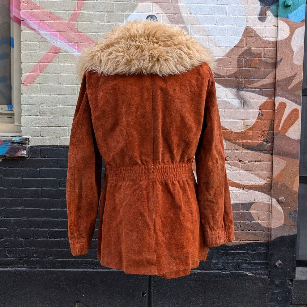 70s Penny Lane Groovy Suede Fur Jacket Furry Genuine Leather Mod Trench Coat