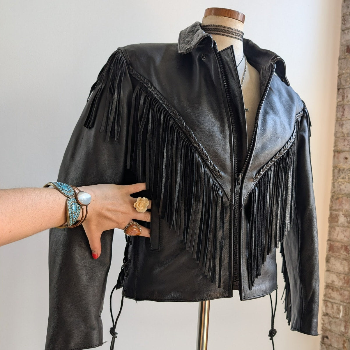 Vintage Black Leather Biker Jacket Fringe Sexy Moto Cowgirl Western Coat Small