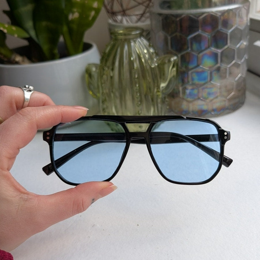 70s Retro Blue Aviator Minimalist Festival Sunglasses Chic Tinted Sunnies Shades