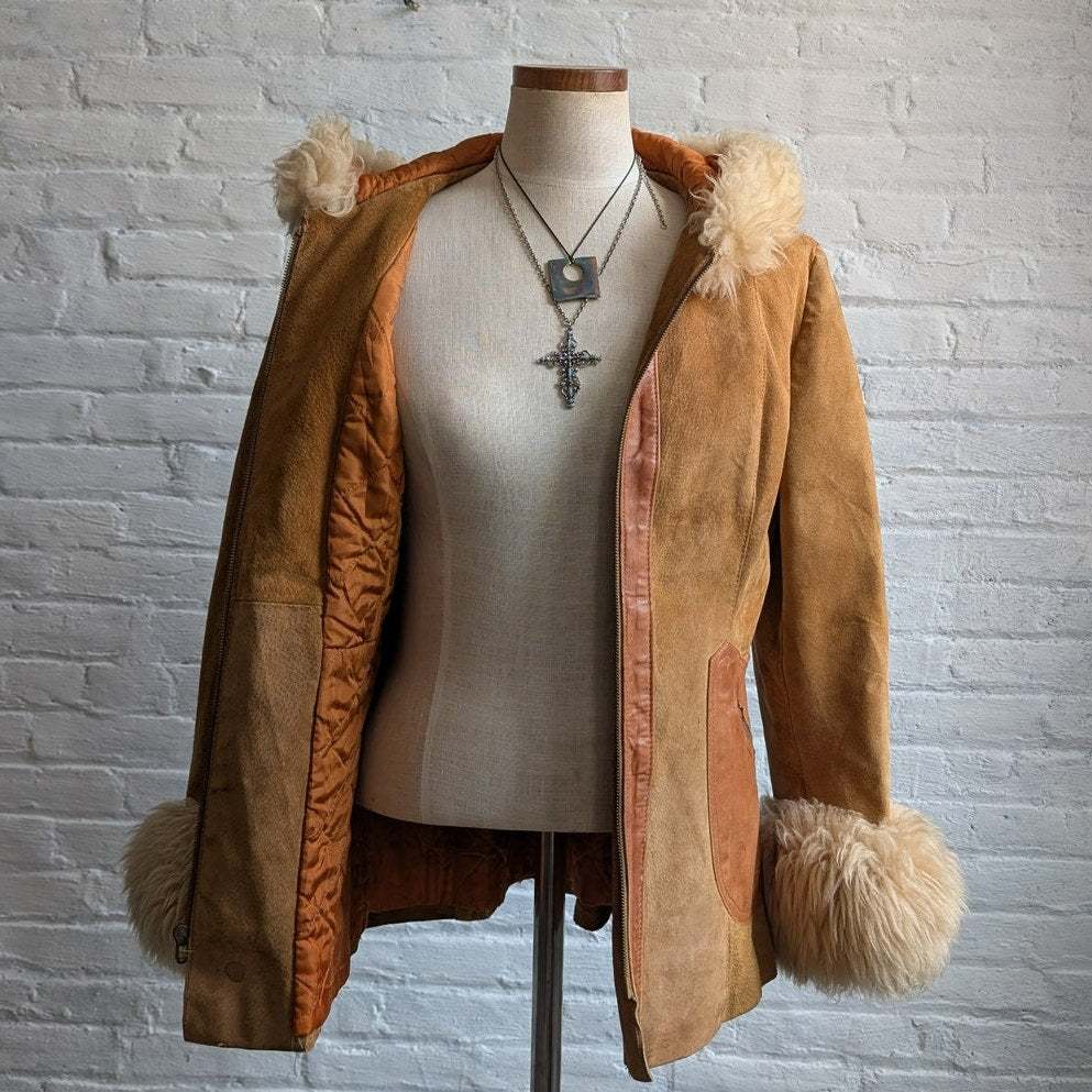 70s Vintage Orange Suede Penny Lane Jacket Groovy Shearling Leather Afghan Coatq
