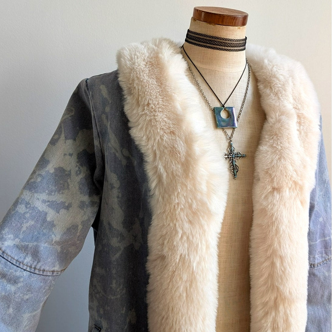 Y2K Faux Fur Penny Lane Coat Acid Wash Denim Trench Coat Afghan Jacket Large