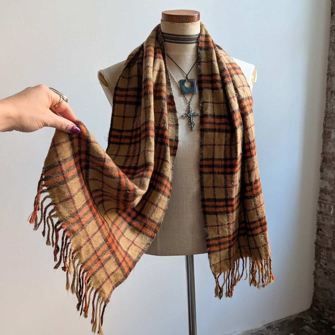Vintage Orange Plaid Scarf 70s Striped Cashmere Western Fringe Grunge Knit Wrap