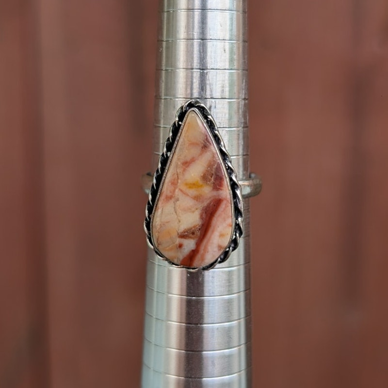 Cream Red Boho Statement Ring Teardrop Silver Vintage Groovy Southwest Size 8.75