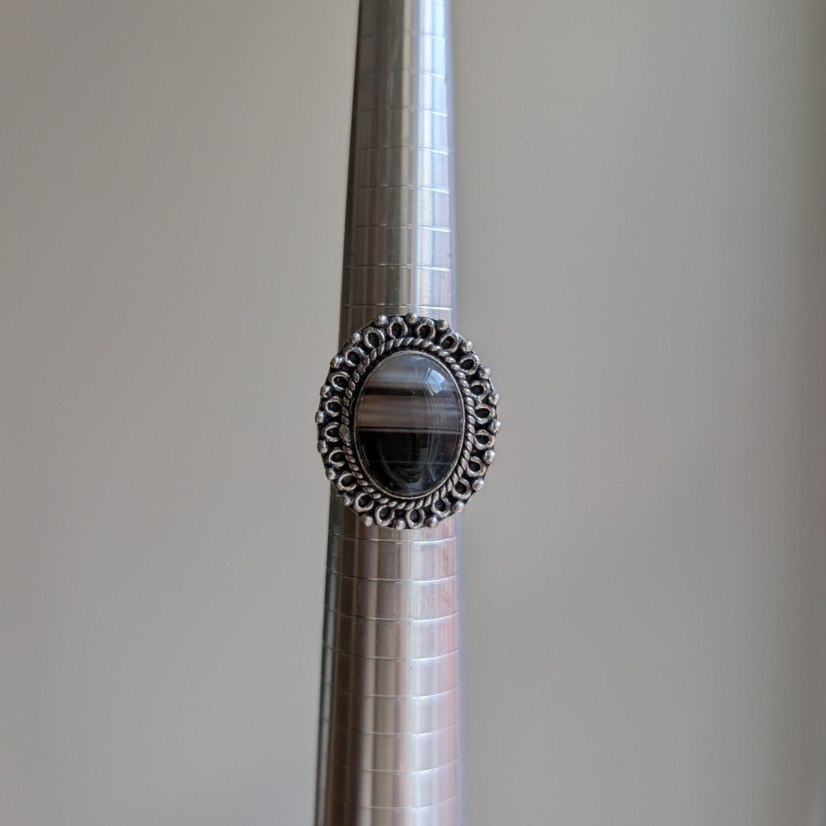 Grey Swirl Oval Sterling Silver Ring Retro Vintage Boho Natural Stone Size 6.75