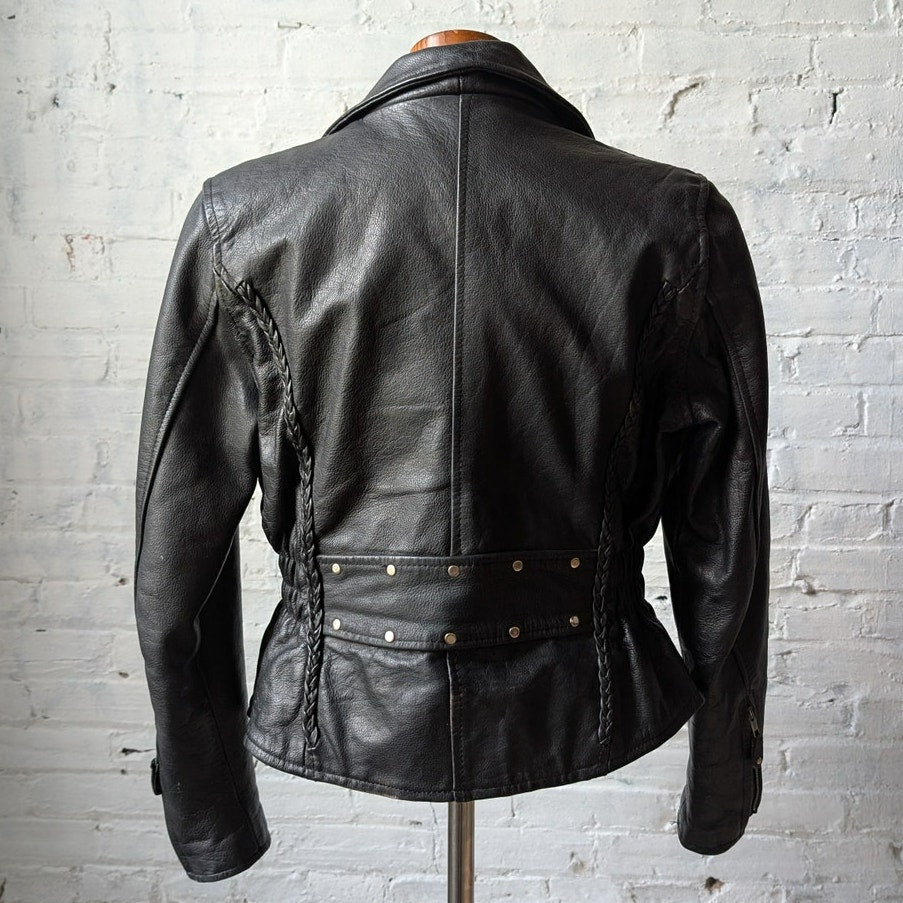 Vintage Black Leather Biker Jacket Minimalist Chic 90s Black Leather Coat Small