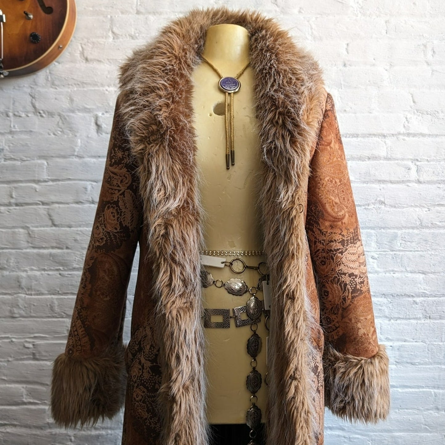 90s Vintage Penny Lane Groovy Faux Fur Jacket Afghan Tapestry Trench Coat Large