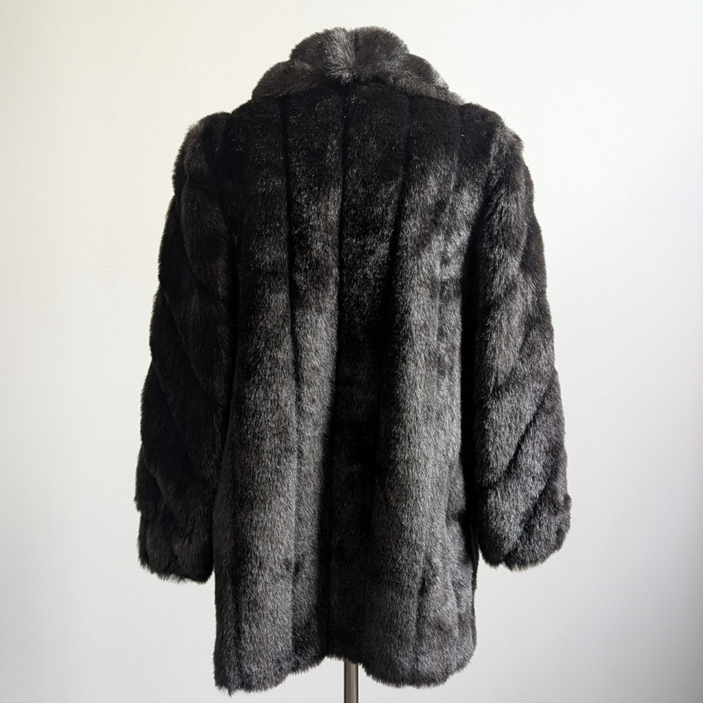 Vintage Black Faux Fur Coat Fur Trim Jacket Mob Wife Minimalist Goth Chic Medium