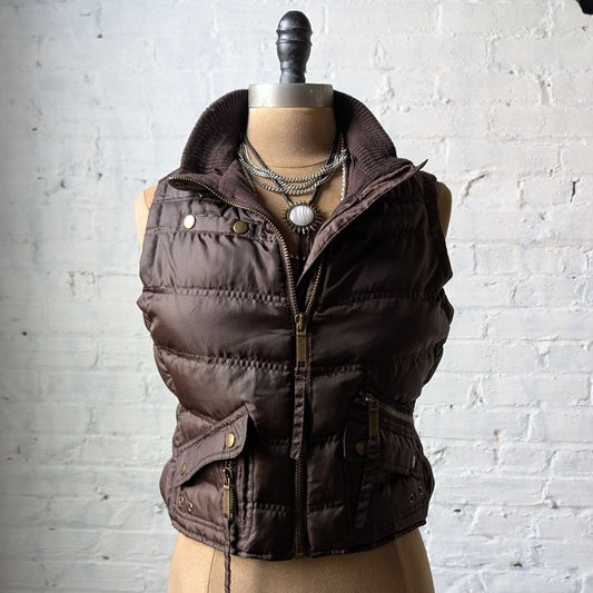 Y2K Dark Chocolate Brown Puffer Vest Quilted Cropped Thermal Zip Up Jacket Top