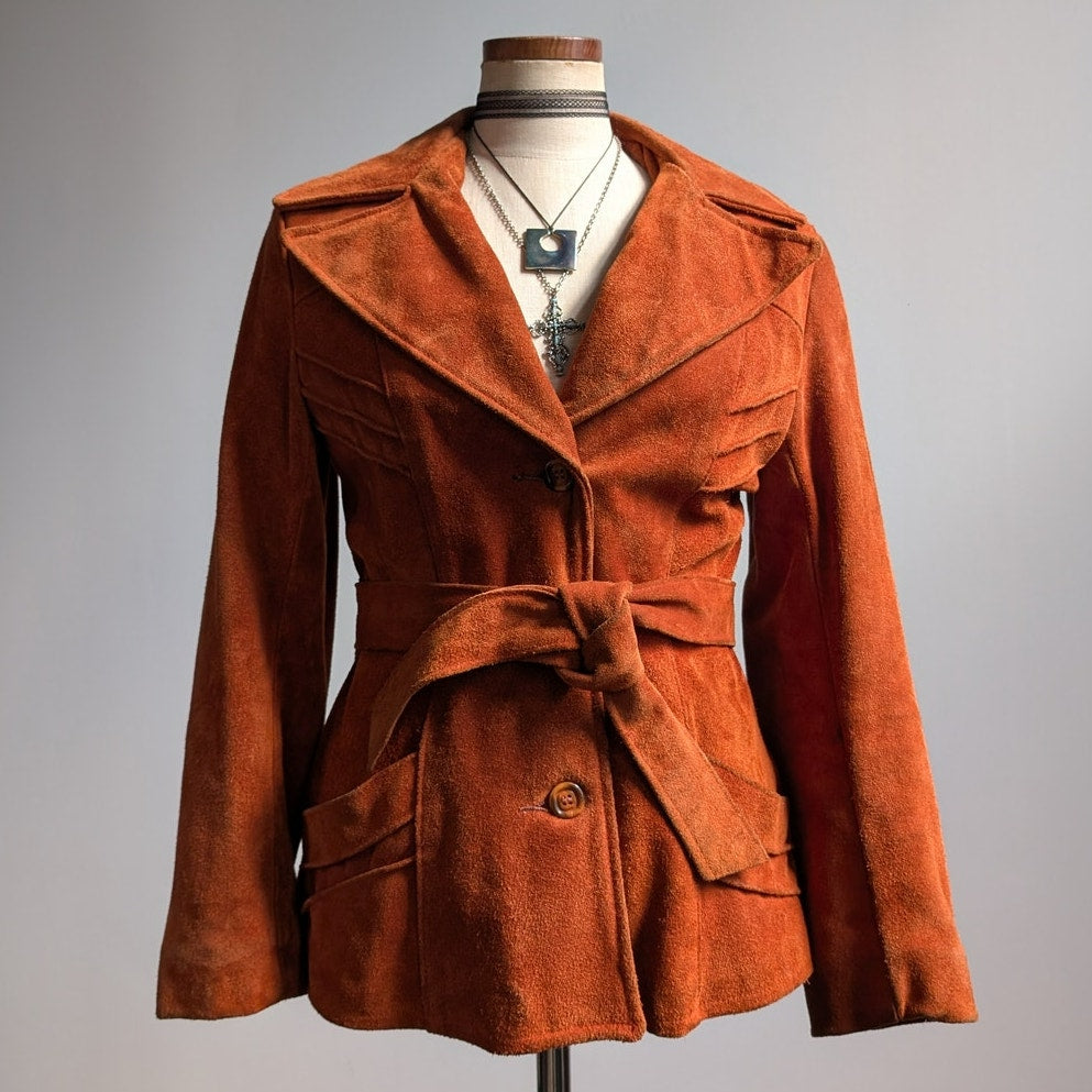 Vintage Orange Brown Suede Jacket Belted Leather Coat Western Rust Red 70s Small