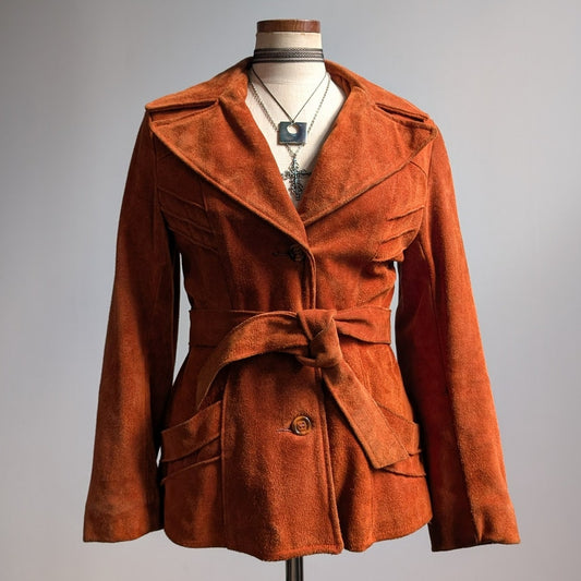 Vintage Orange Brown Suede Jacket Belted Leather Coat Western Rust Red 70s Small