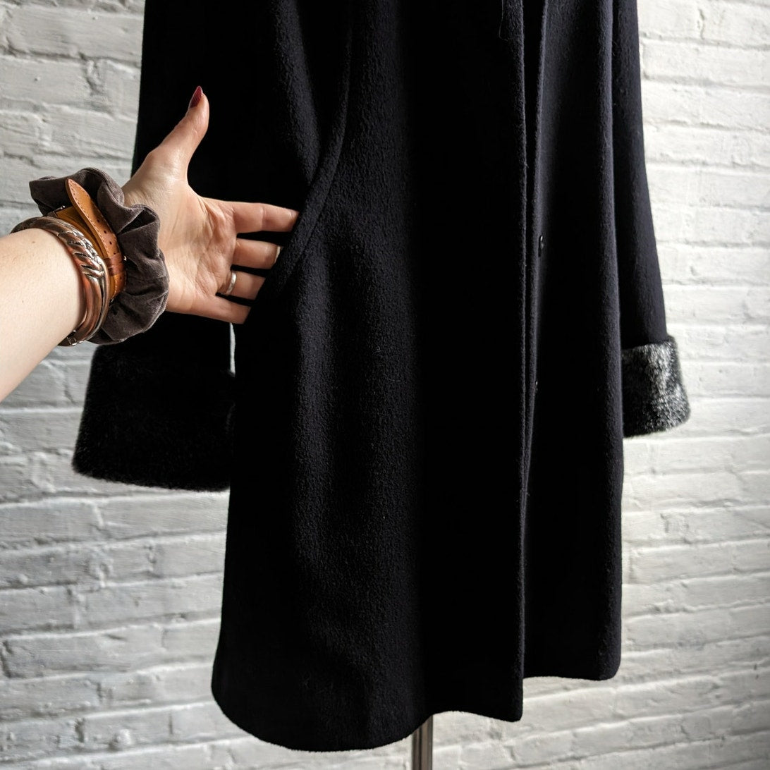 Vintage Black Wool Minimalist Trench Coat Fuzzy Faux Fur Dark Academia Jacket