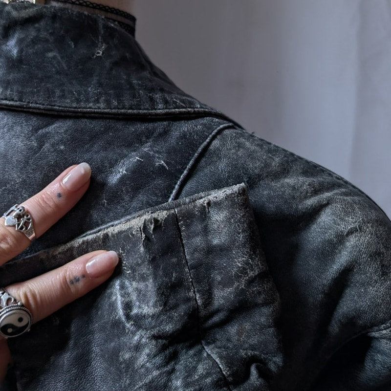 90s Vintage Black Leather Trench Coat L Slouchy Model Off Duty Leather Jacket
