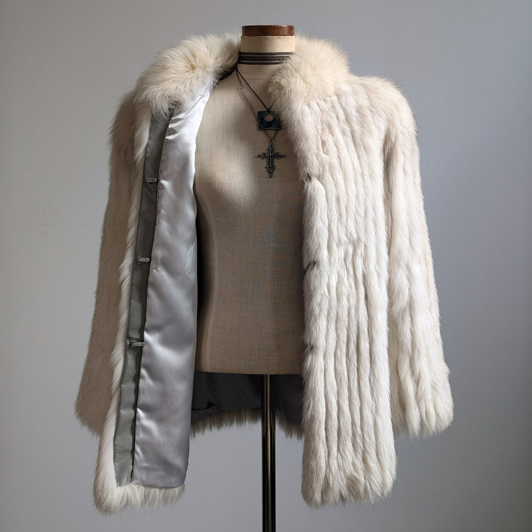 Vintage White Fluffy Fox Fur Coat Furry Glam Mob Wife Ski Luxury Jacket Large