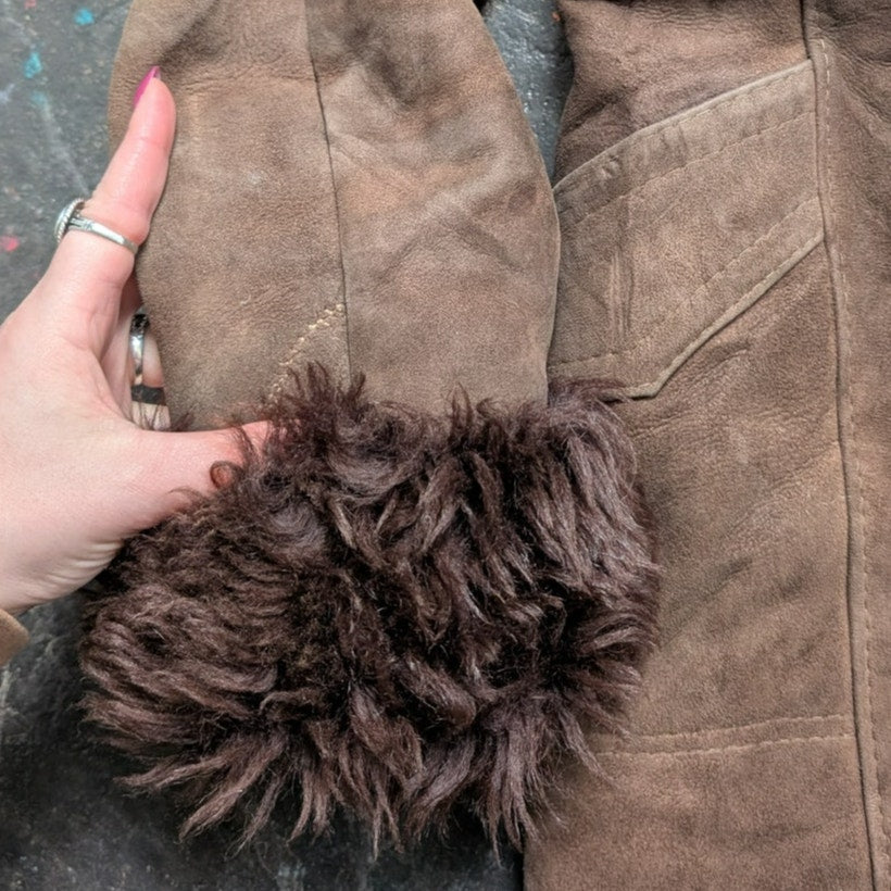 Vintage Brown Suede Penny Lane Jacket Fur Furry Leather Groovy Trench Coat Small