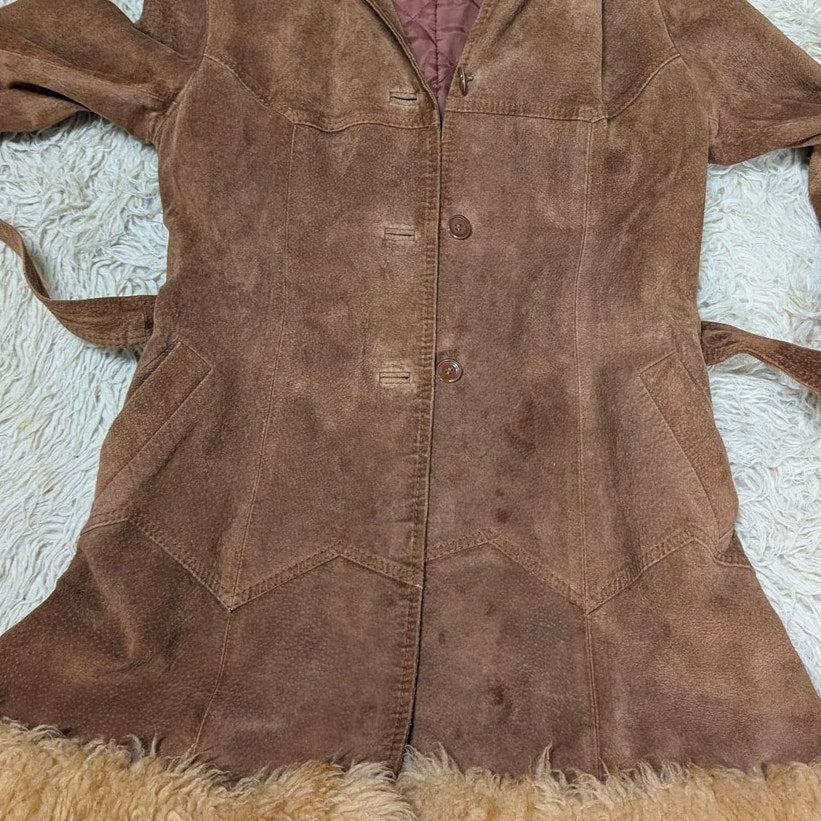 Vintage Brown Suede Coat Penny Lane Jacket Leather Trench Fur Coat Afghan Small