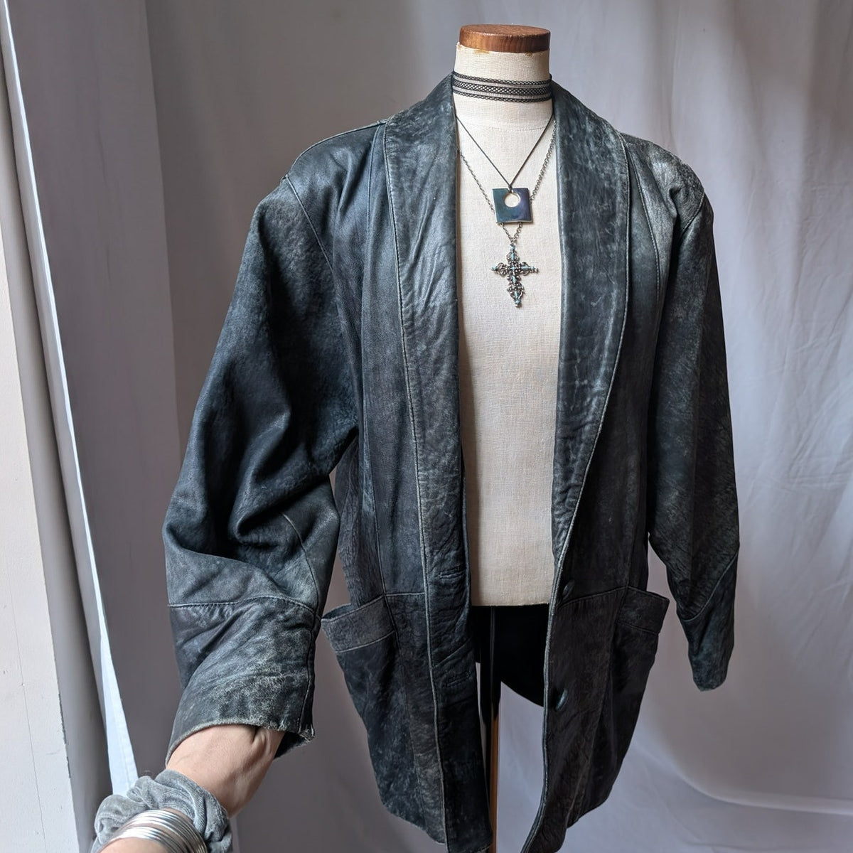 90s Vintage Black Leather Trench Coat L Slouchy Model Off Duty Leather Jacket