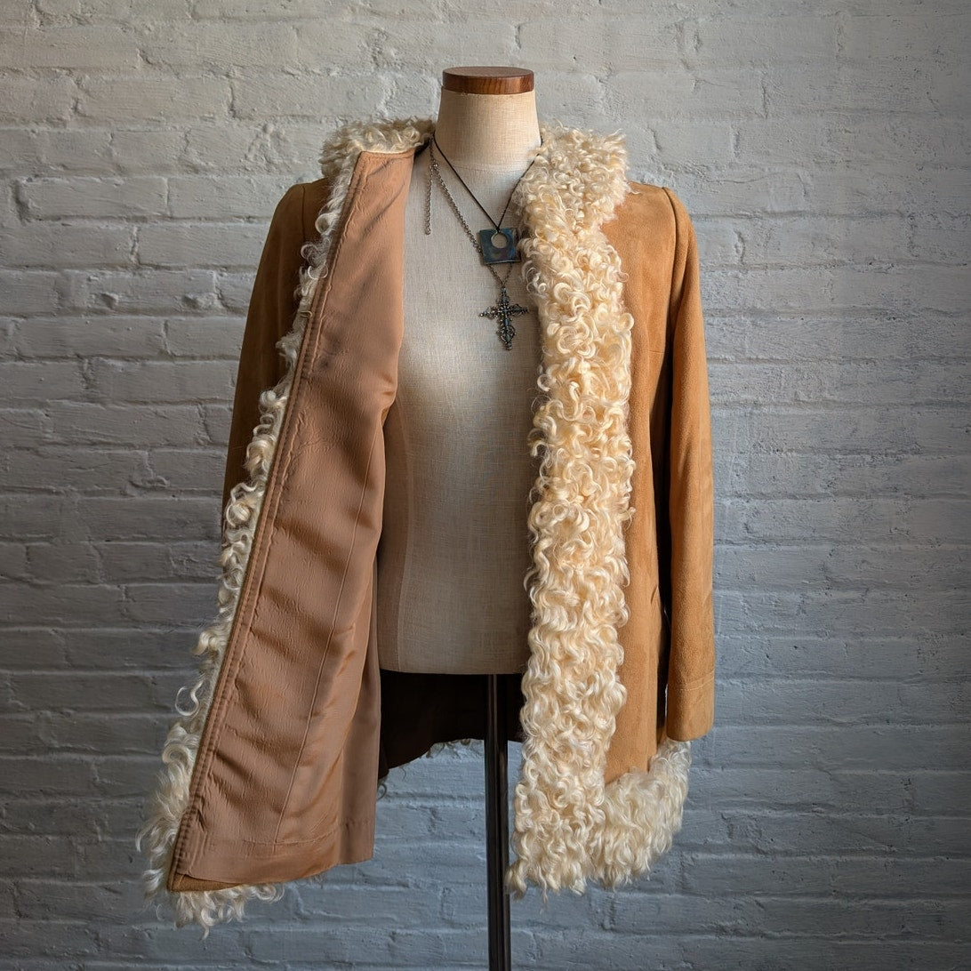 70s Vintage Neutral Tan Suede Penny Lane Jacket Genuine Leather Boho Fur Coat
