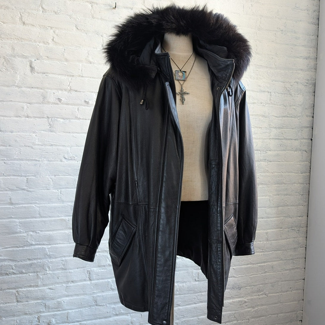 Vintage Black Leather Fox Fur Coat Penny Lane Minimalist Boho Moto Grunge Jacket