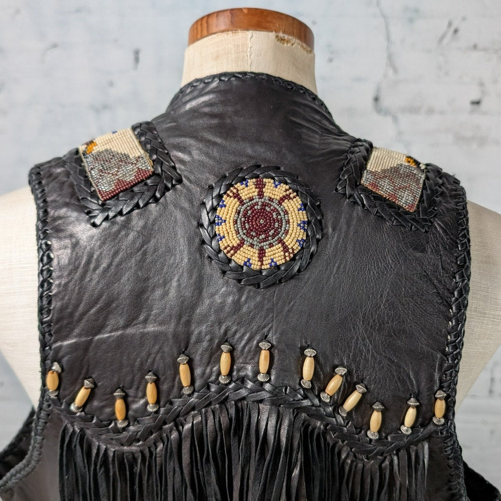 Vintage Black Leather Biker Vest Western Cowboy Fringe Vest Beaded Top Medium