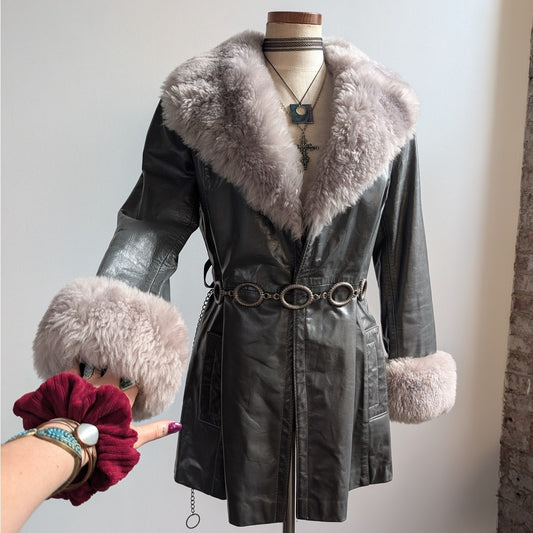 Vintage Blue Grey Leather Shearling Penny Lane Jacket Groovy Trench Coat Medium