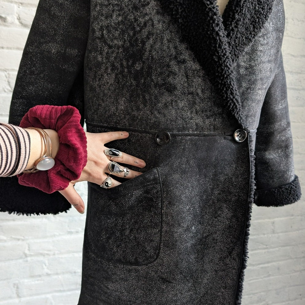 Vintage Black Leather Shearling Coat Afghan Fur Minimalist Chic Luxury Jacket