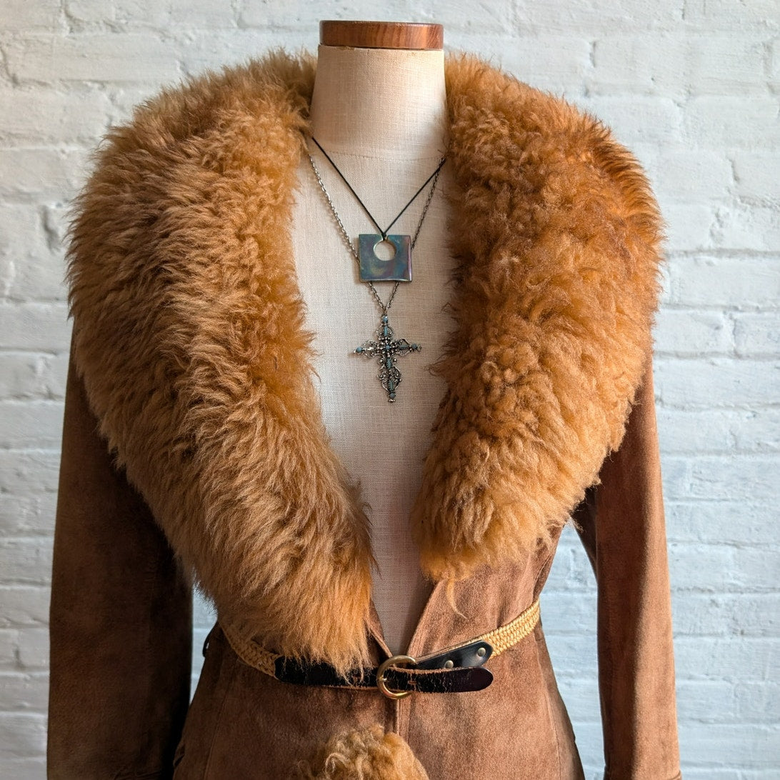 Vintage Brown Suede Penny Lane Jacket Fur Furry Leather Groovy Mod Trench Coat