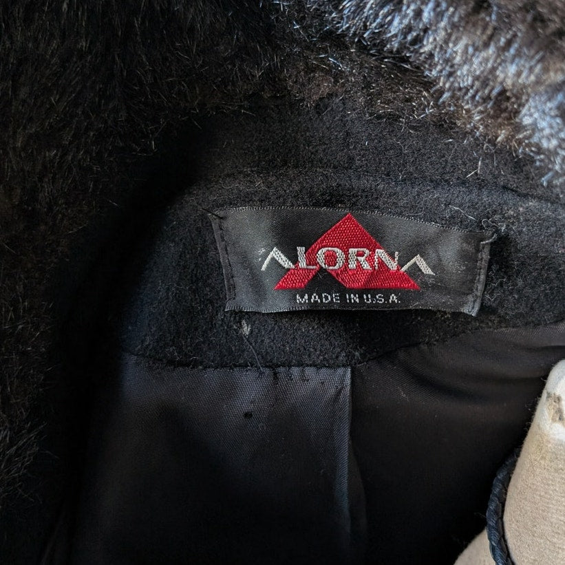 Vintage Black Wool Trench Coat Faux Fur Minimalist Penny Lane Grunge Goth Jacket