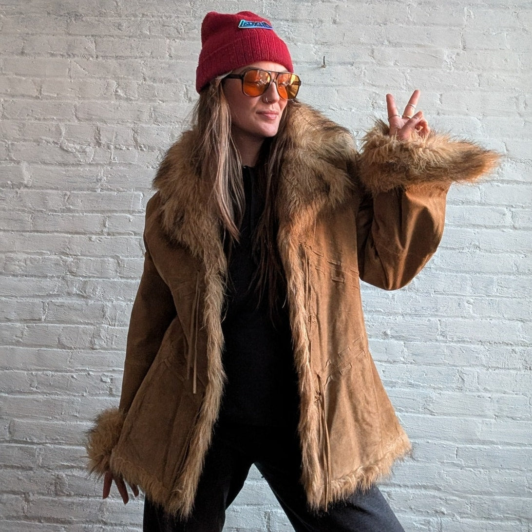 Vintage Brown Suede Penny Lane Jacket Afghan Faux Fur Groovy Leather Trench Coat