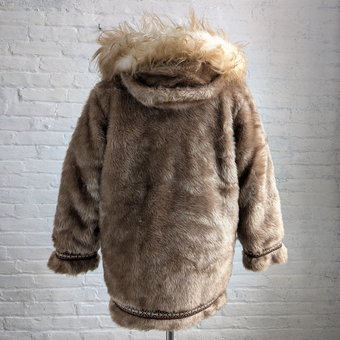 70s Vintage Faux Fur Brown Parka Coat Minimalist Shaggy Fuzzy Hooded Boho Jacket
