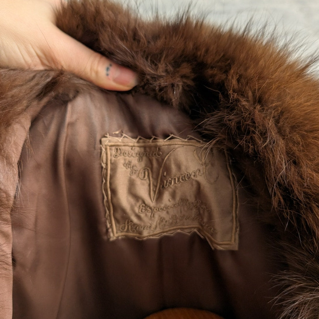 Vintage Brown Fox Fur Penny Lane Coat Mob Wife Leather Belted Furry Trench Coat