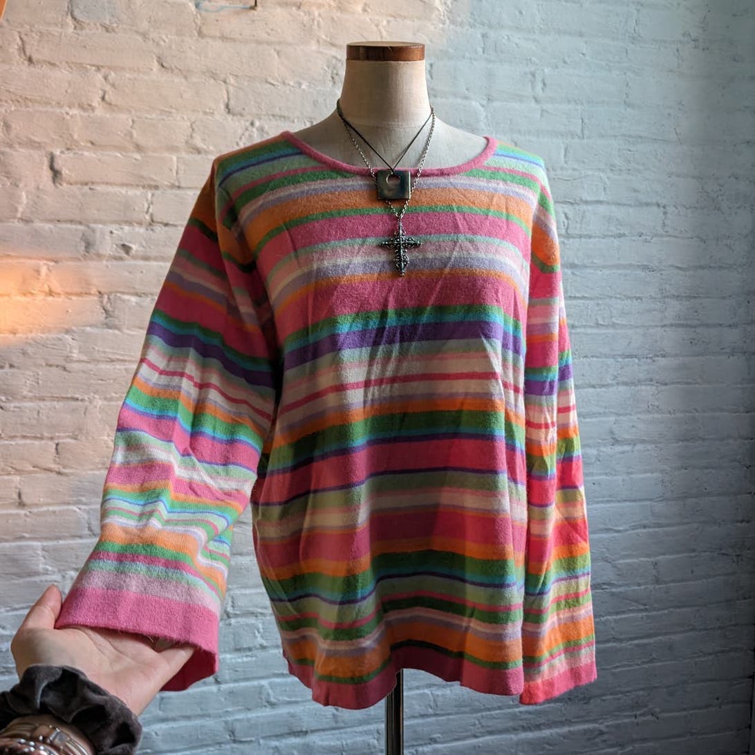 90s Vintage Cashmere Pastel Striped Sweater Groovy Granny Rainbow Oversize Top
