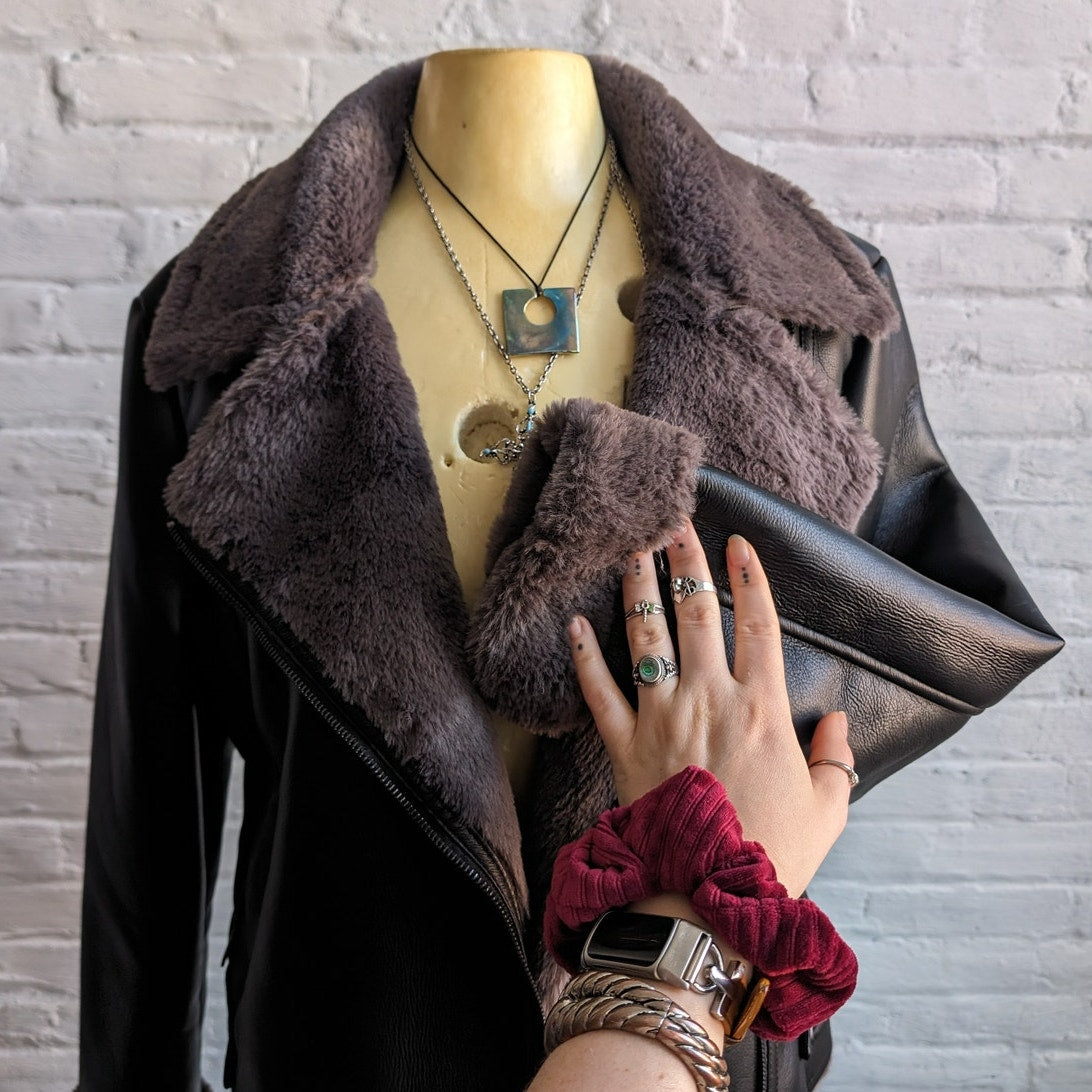 Y2K Black Faux Leather Faux Fur Moto Jacket Bomber Minimalist Grunge Biker Coat