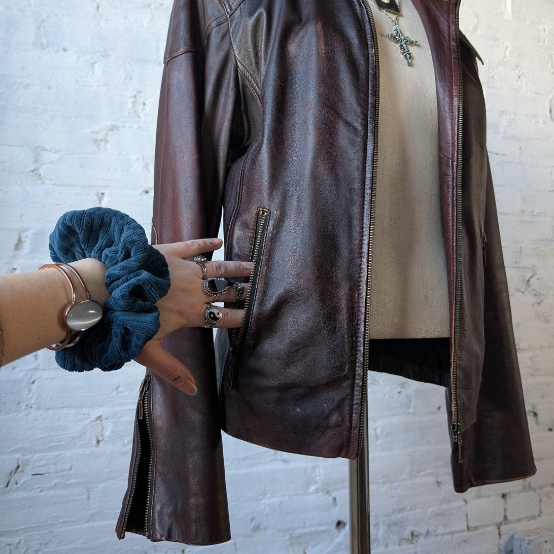Vintage Brown Leather Moto Jacket Genuine Italian Chic Baddie Biker Bomber Coat