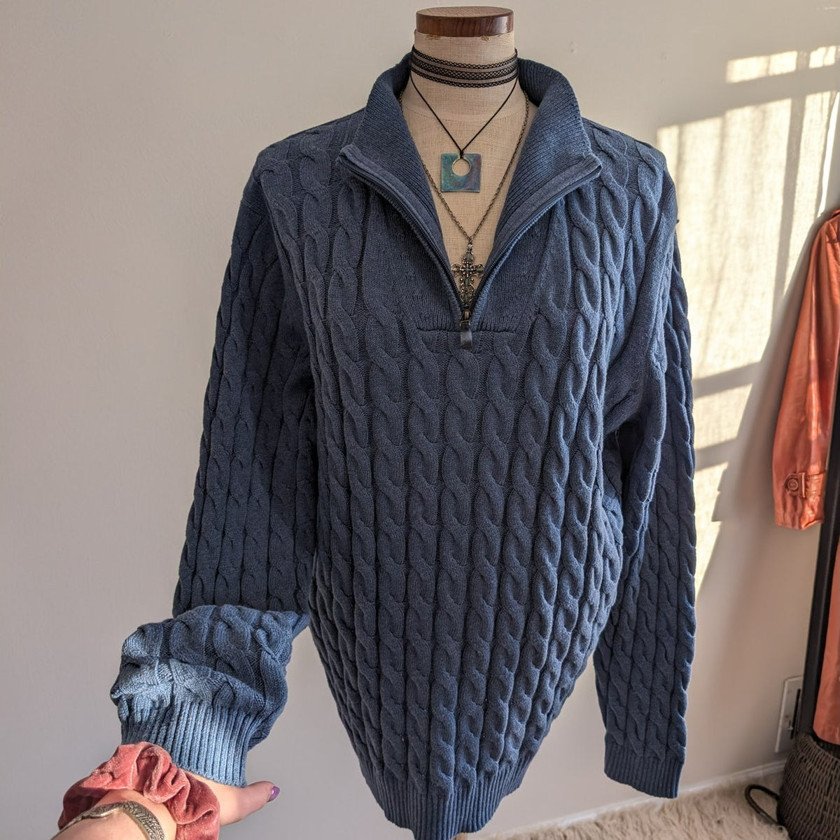 NWT Jos A Bank Blue Fisherman Knit Grandpa Sweater XL Oversized Cotton Cozy