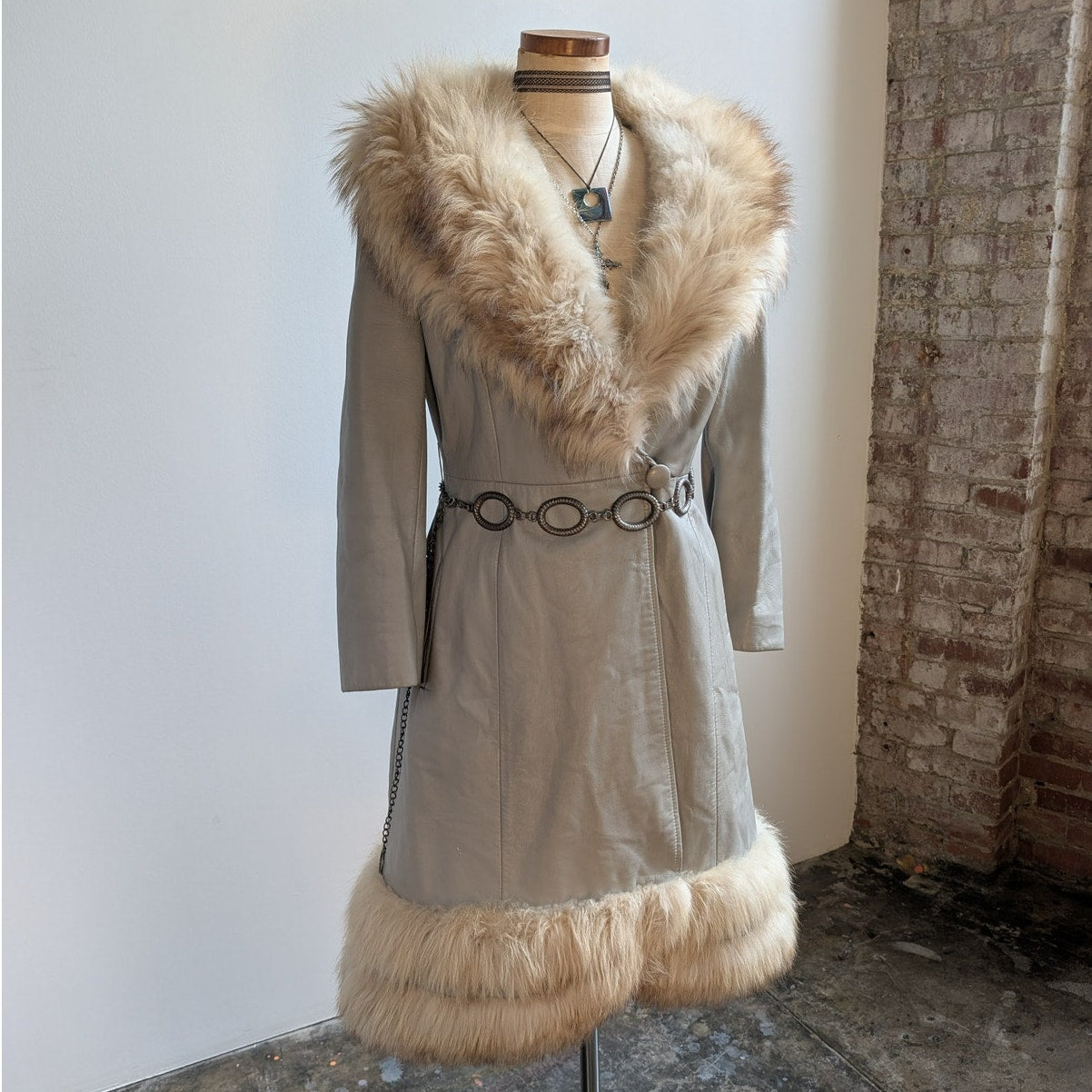 Vintage Leather Penny Lane Coat Grey Cream Fur Trim Trench Afghan Jacket Medium