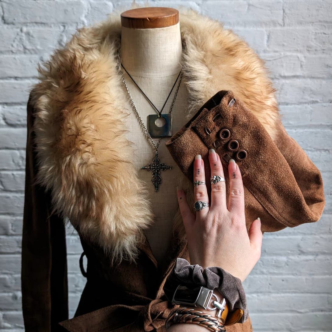 70s Penny Lane Groovy Suede Fur Jacket Furry Genuine Leather Mod Trench Coat