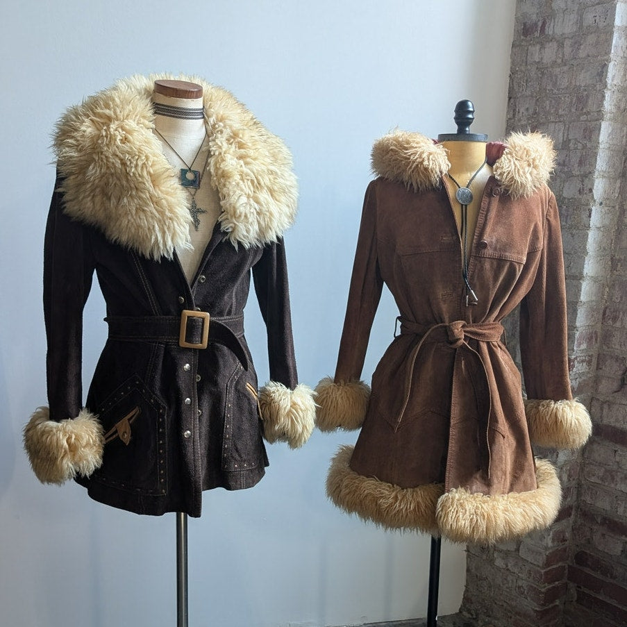 Vintage Brown Suede Coat Penny Lane Jacket Leather Trench Fur Coat Afghan Small