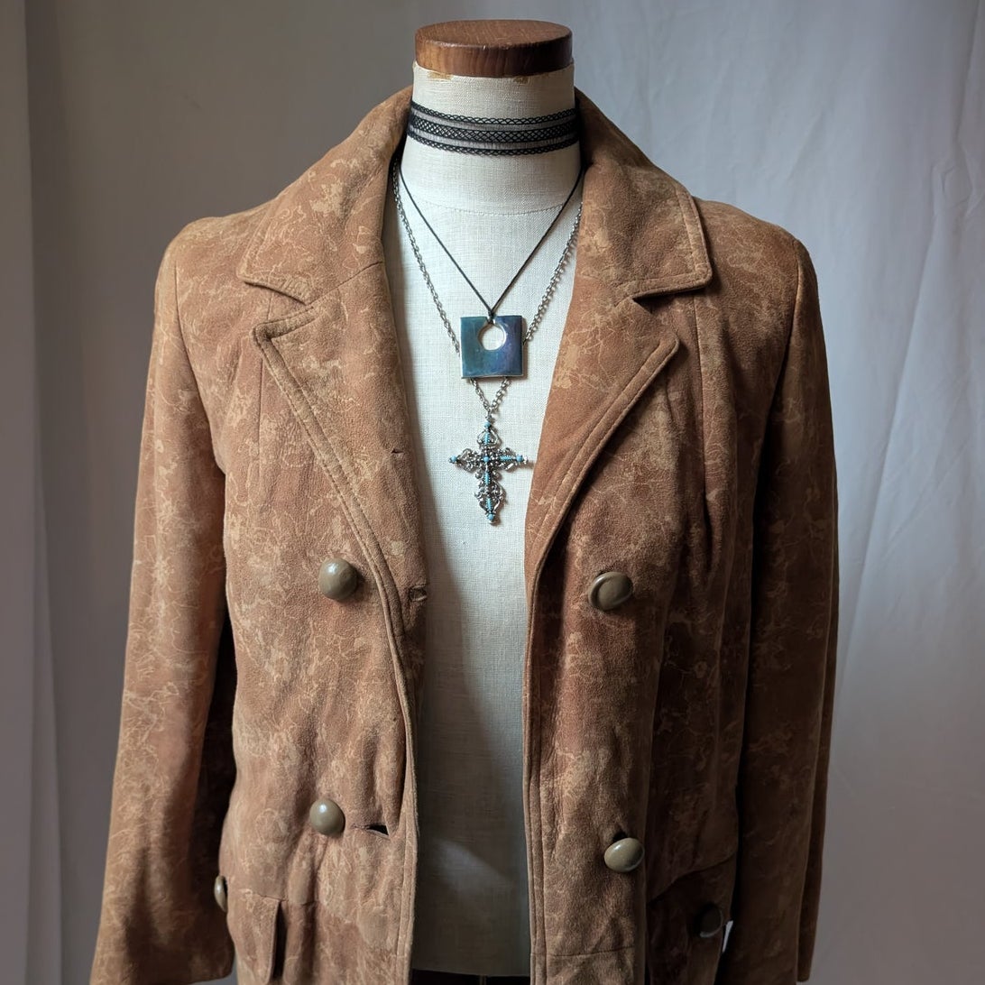 Vintage 70s Orange Brown Suede Leather Trench Coat S Western Boho Duster Jacket