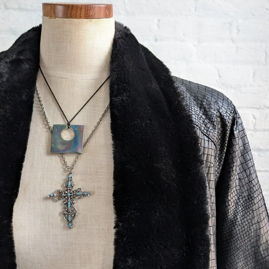 Vintage Black Leather Faux Fur Trench Coat Penny Lane Grunge Snakeskin Jacket