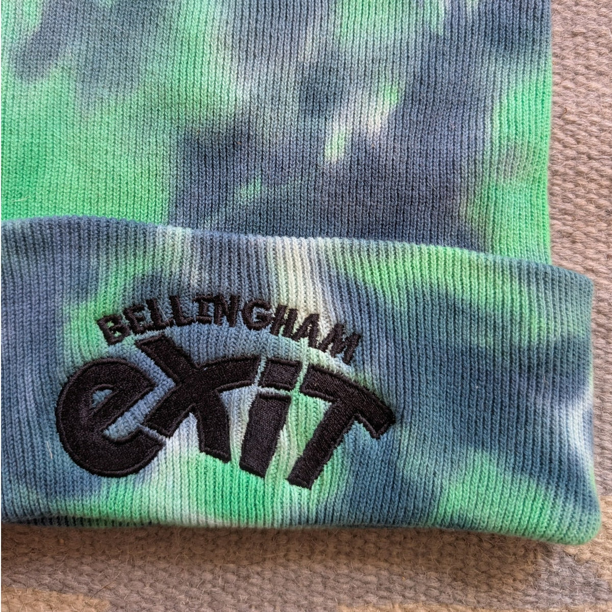 Tie Dye Beanie Green Blue Cotton Knit Festival Hat Embroidered Exit Bellingham