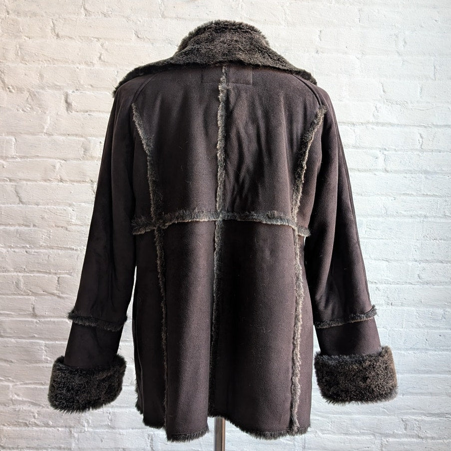 Vintage Black Faux Fur Afghan Penny Lane Jacket Shaggy Furry Boho Trench Coat