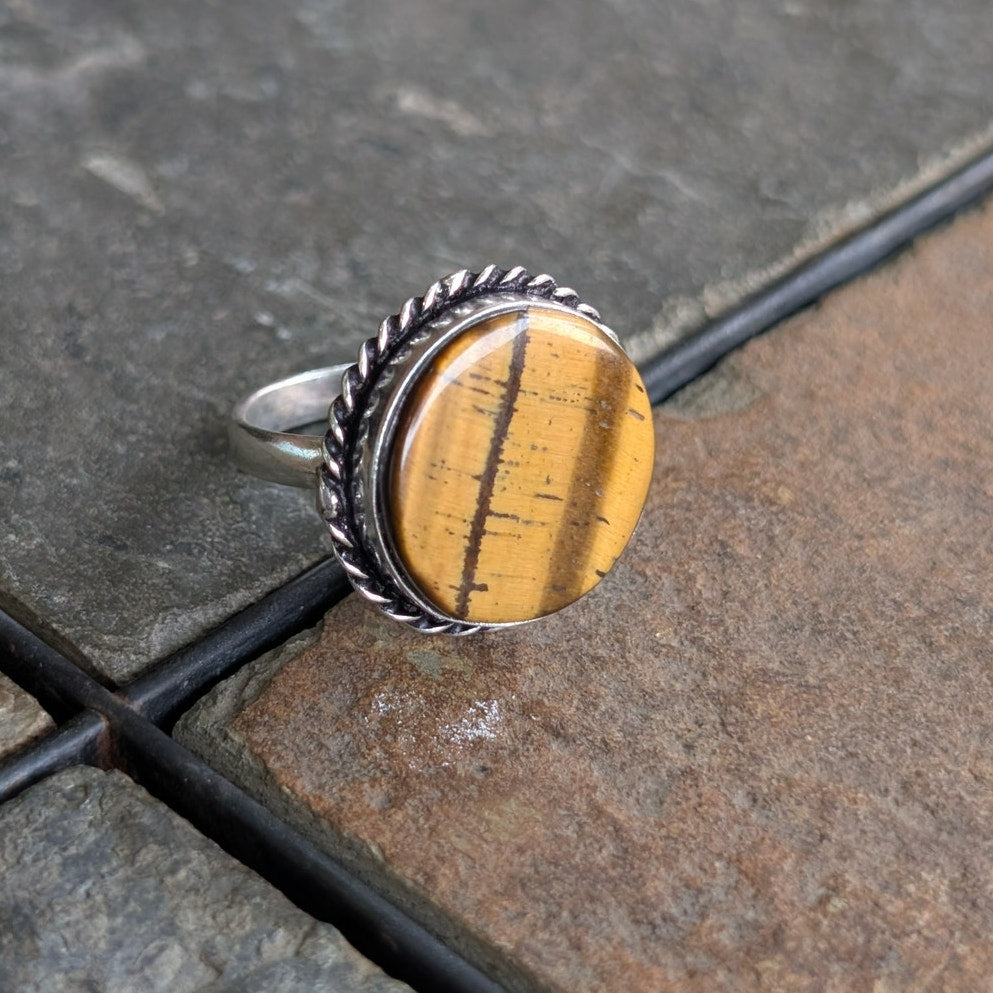 Golden Brown Tigers Eye Boho Statement Ring Round Silver Vintage Groovy Sz 8.75