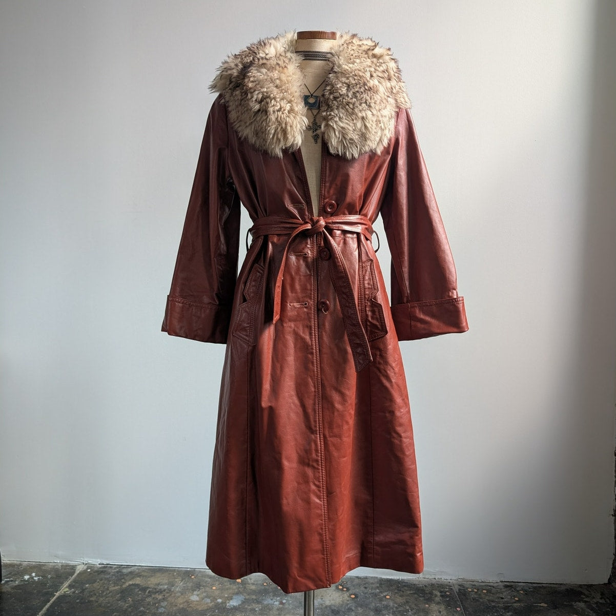 Vintage Leather Jacket Fur Trim Red 70s Penny Lane Boho Trench Afghan Coat Large