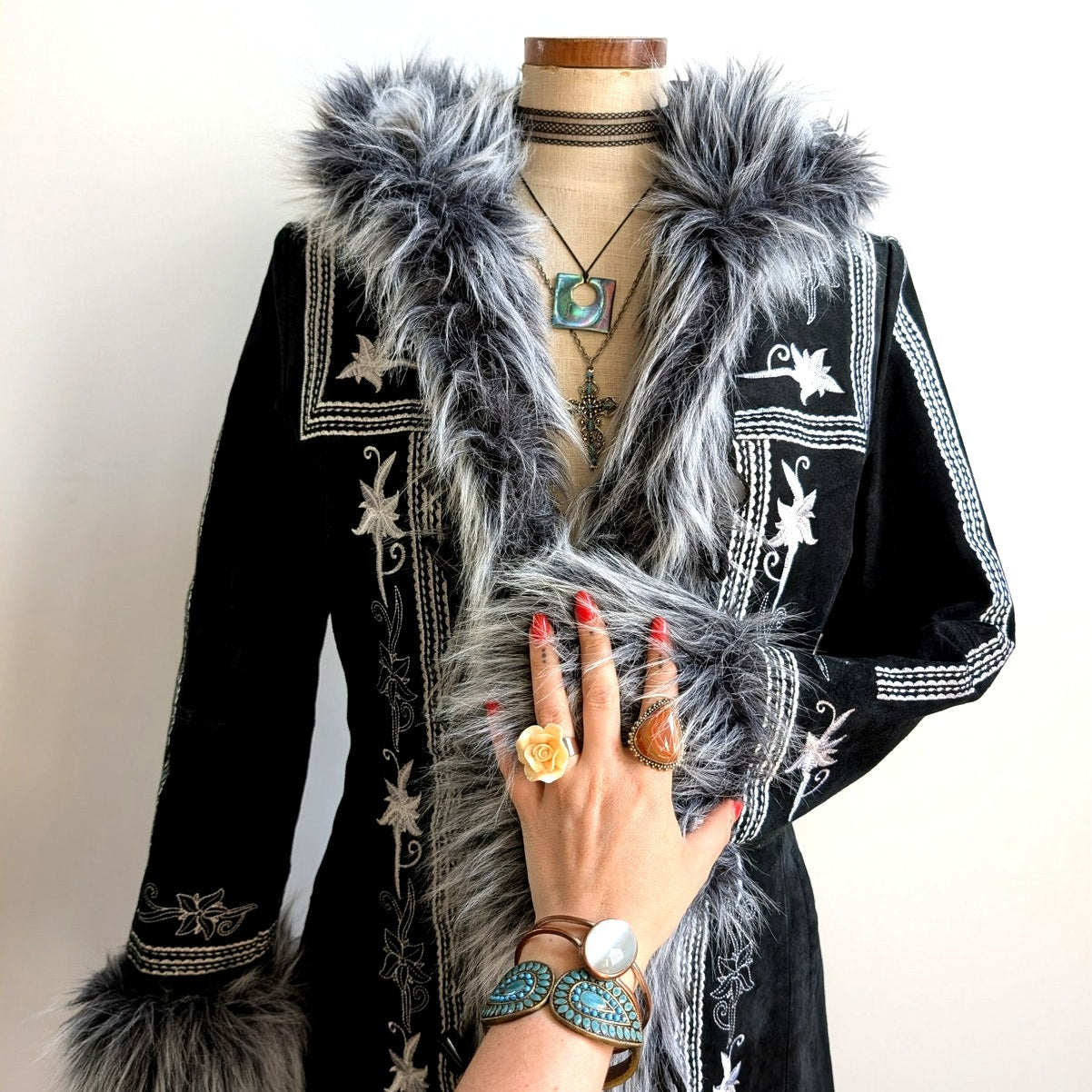 Vintage Black Suede Coat Penny Lane Groovy Faux Fur Jacket Afghan Trench Medium