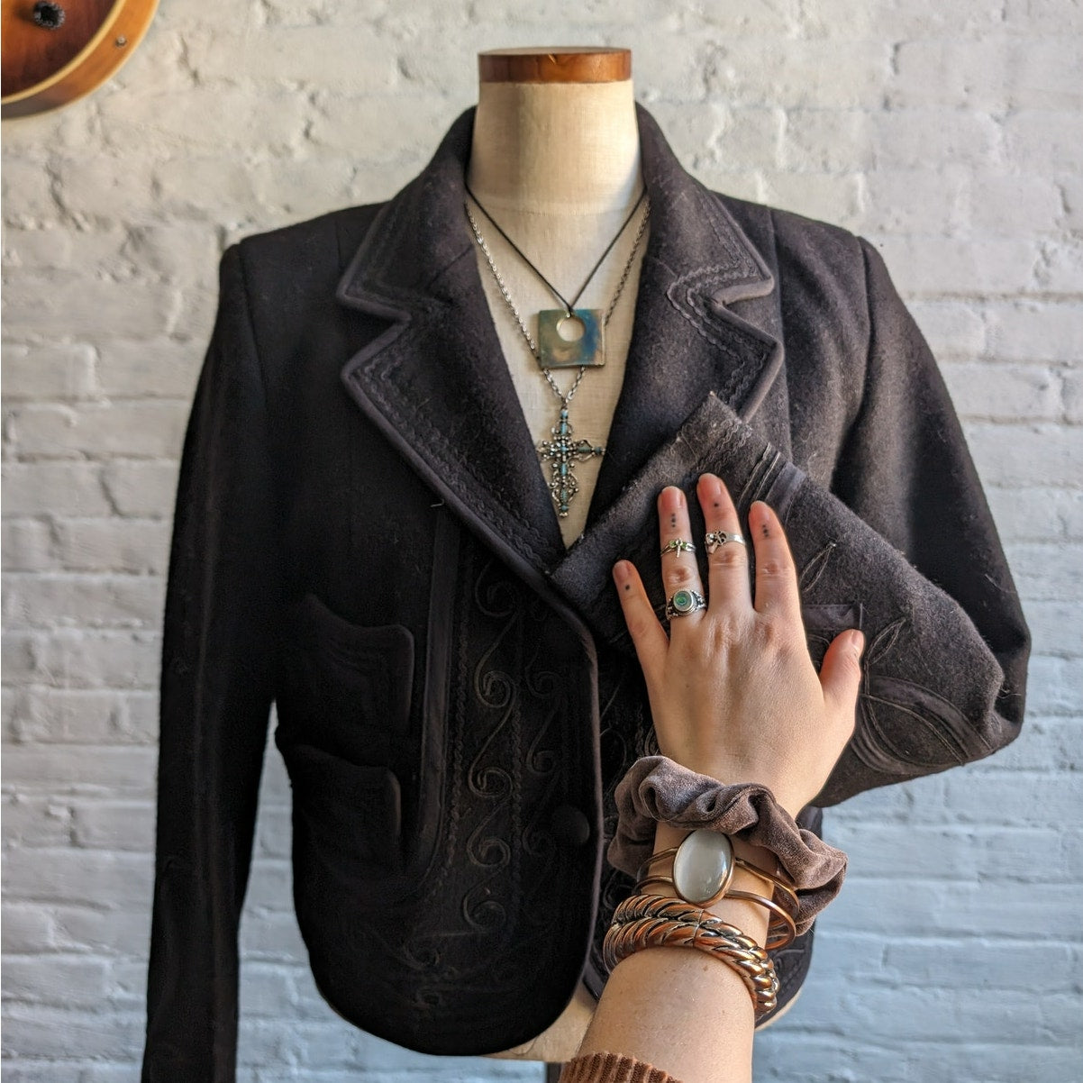 Vintage Black Wool Western Blazer Cropped Jacket Minimalist Coat Cowgirl Medium