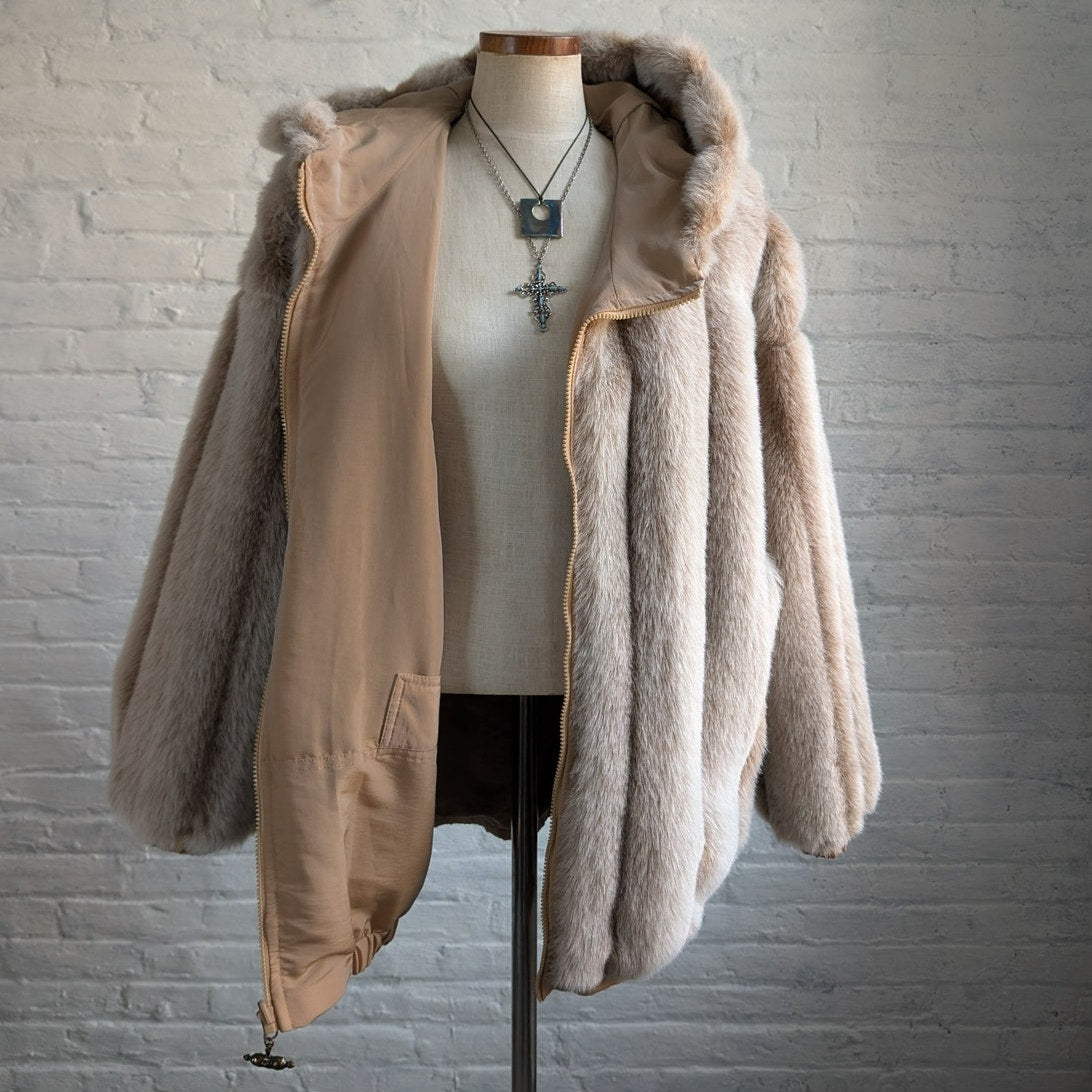 Vintage Faux Fur Neutral Plush Coat Mob Wife Furry Cozy Glam Fuzzy Jacket