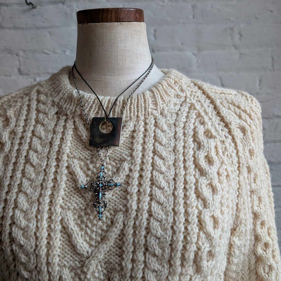 Vintage Wool Fisherman Knit Grandpa Sweater Minimalist Chunky Cable Knitted Top